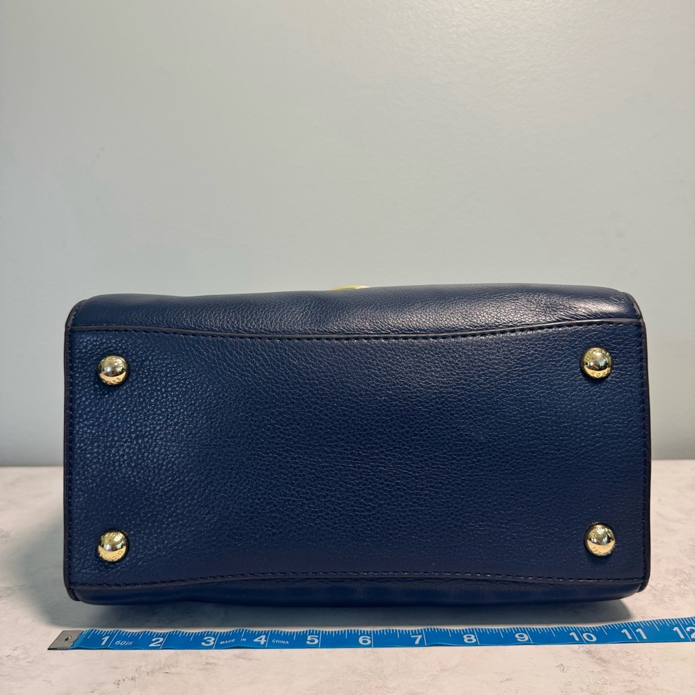 Women's Michael Kors Leather Large Hudson Satchel Tote Navy Blue Gold Logo - Picture 6 of 16